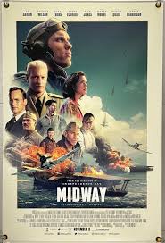 Dramatic war movie poster featuring multiple characters layered over a scene of naval battle and explosions at sea, with planes flying overhead and the title “Midway” at the bottom.