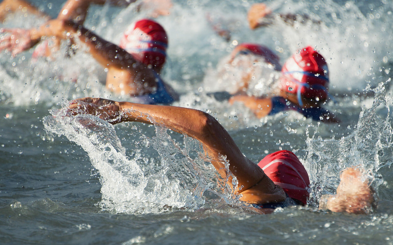 a succession of people swimming in the ocean as the water splashes from their strokes