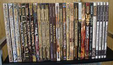 A single bookshelf containing only Dungeons & Dragons third edition books. The spines of the books are difficult to read, but there are over 25 books on the shelf.