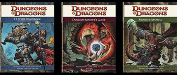 The three source books from Dungeons & Dragons fourth edition. From left to right is the Player's Handbook, the Dungeon Master's Guide, and the Monster Manual.