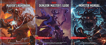 The three source books from Dungeons & Dragons fifth edition. From left to right is the Player's Handbook, the Dungeon Master's Guide, and the Monster Manual.