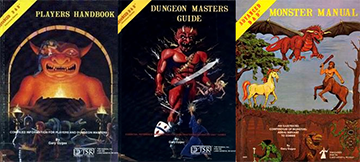 The three core rule books of Advanced Dungeons & Dragons. From left to right is the Player's Handbook, the Dungeon Master's Guide, and the Monster Manual.