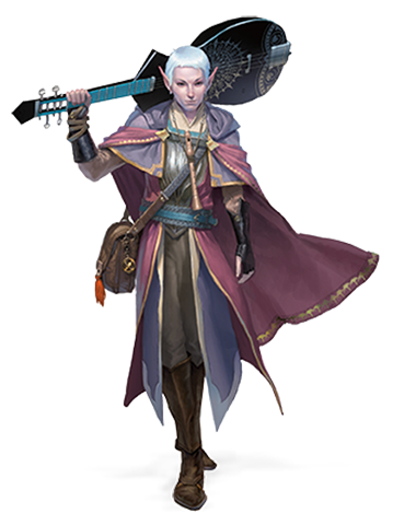 A white haired elf wearing elborate garb in pink, purple, blue, and brown with gold highlights. The elf holds a black guitar with sky blue details in his right hand, and the side of the guitar is resting on the elf's shoulder. The elf smirks confidently.