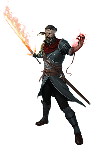 A man with a beard, man bun, and slat-and-pepper hair snarls viciously. The man is holding a flaming sword in his right hand while his left hand is bleeding and glowing with dark arcane magic.