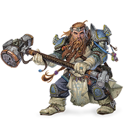 A heavily armored ginger dwarf firmly grips a warhammer across their body with both hands. The armor is covered in symbols and woven details. The dwarf stares with seriousness and surety.