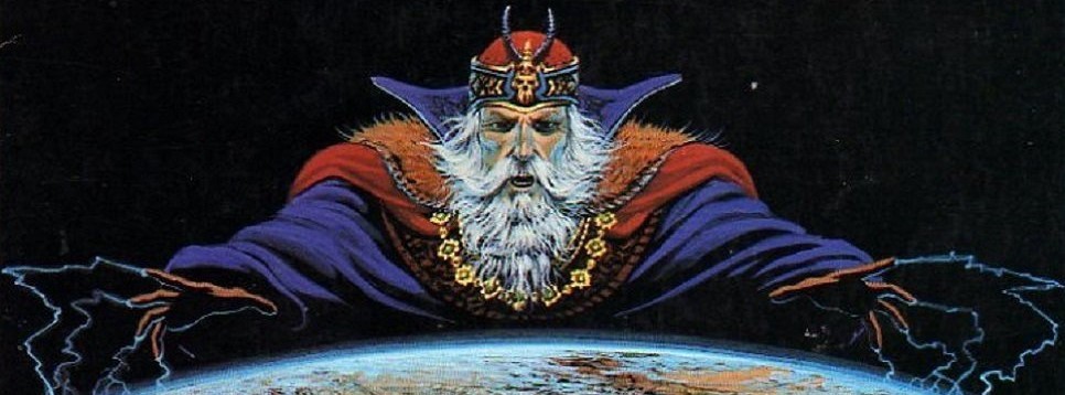 An ancient wizard with a long white beard, blue robes, and a red cape hold his hands above the surface of the earth. Lightning crackles between the tip of each finger and the earth below.