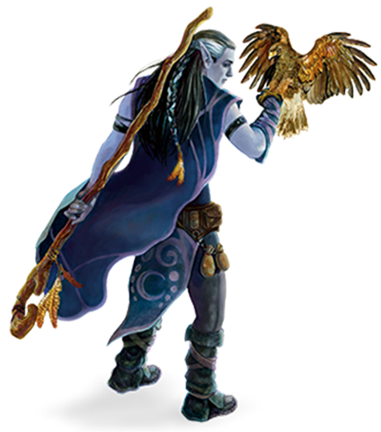 A blue elf in blue clothes and with long black hair has an eagle landing on their right hand. The left hand is holding a shepard's crook staff upside down behind the elf's back.