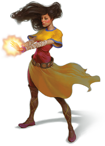 A woman stands with her legs shoulder width apart. Her brown hair flows toward the front of her body while her yellow and red dress flows behind her. Her outstretched hands are held together and glowing bright yellow with a magical energy.