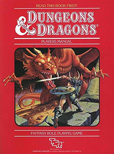 The cover of the original Dungeons & Dragons basic rules. This book is bright red, and the center of the cover features a single adventure attempting to slice the opened jaws of a roaring red dragon.