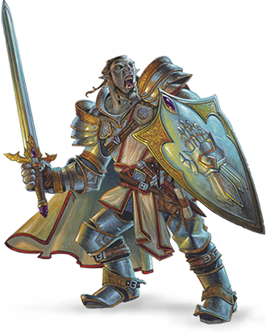 A half-orc with eyes closed shut screams their battle cry. The half-orc is wearing white, silver, and gold heavy armor and is holding a sword and shield decorated in matching colors.