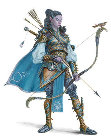 A purple elf with blue hair pulled into a ponytail looks down somberly. She's wearing brown and blue armor with a cape. On her back is a quiver of arrows and the visible hilt of a sword. The elf holds a partially drawn bow and arrow.