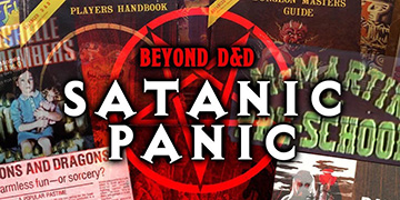 Different D&D books, Horror Book Covers, and Newspaper Articles are layered over each other. In the center of the image is a red pentagram with the words 'Beyond D&D: Satanic Panic' over the top of it.