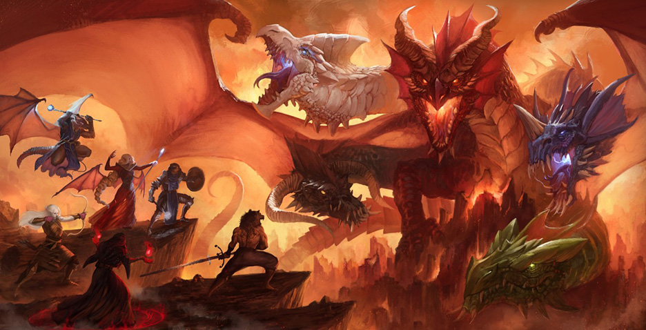 The five-headed Dragon Queen Tiamat roars towards an adventuring party of 6 people including spellcasters, an archerer, a swordsman, and an armored man with a hammer.