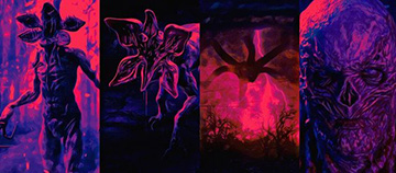 The entire image is blue and red tinted. The image contains four images of creatures from Stranger Things. From left to right is a demogorgon, a demodog, the mind flayer, and Vecna.