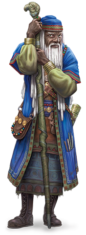 An old man in blue robes leans heavily on the staff in his hands. This staff is taller than him. He also has scrolls and parchment hanging out of pockets in his robe. The man looks forward with intense anger.