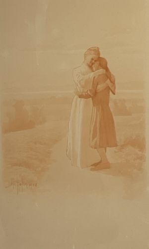 illustration of two women embracing on a dirt path, one of which appears to be a heavenly figure in 19th century dress