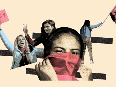 collage of four feminist protesters in different stances. One holds a poster, one holds a flag, and one stands facing the viewer with a cloth mask over her nose and mouth.