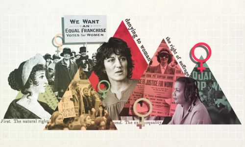 five triangular collaged images displaying feminist figures throughout time, including women holding a sign that reads 'WE WANT AN EQUAL FRANCHISE | VOTES FOR WOMEN'