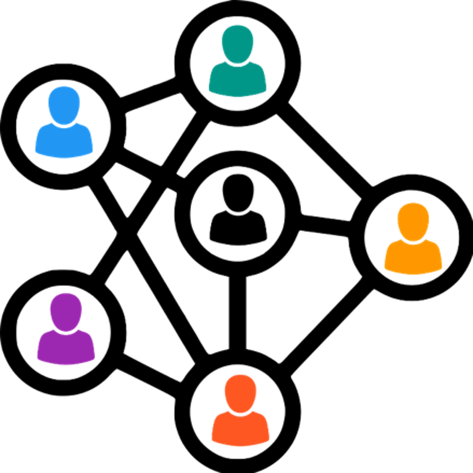 Diagram connecting different colored profile icons in circle borders