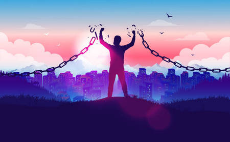 A silhouette standing on a hill with arms up high facing a city. A chain is broken around the person's raised hands, showing their breaking free from the chains