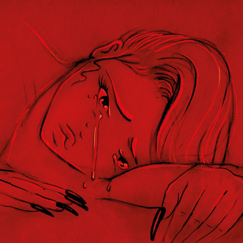 An red, animated image of a woman laying sideways. She has a tear streaming down her face