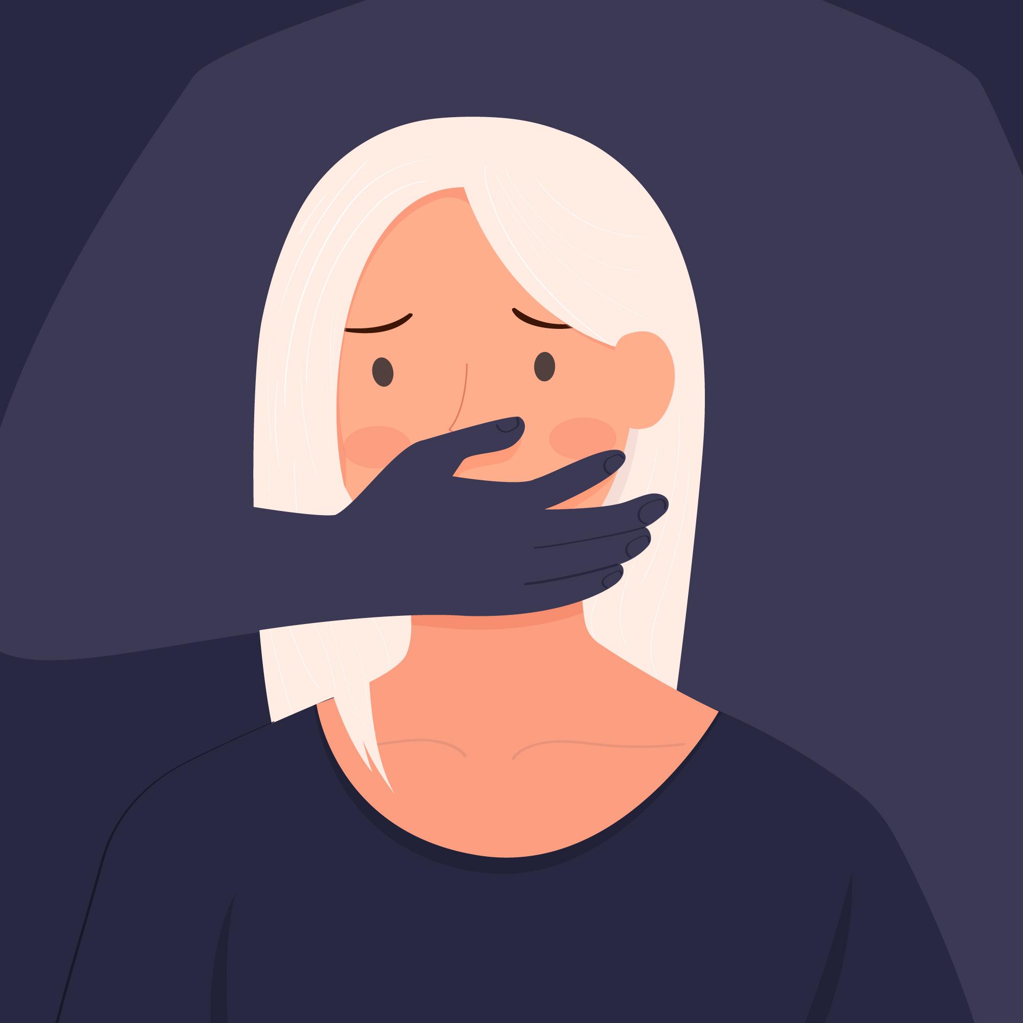 cartoon of a light-haired woman in a black shirt, with a dark silhouette of a person behind her covering her mouth with a hand