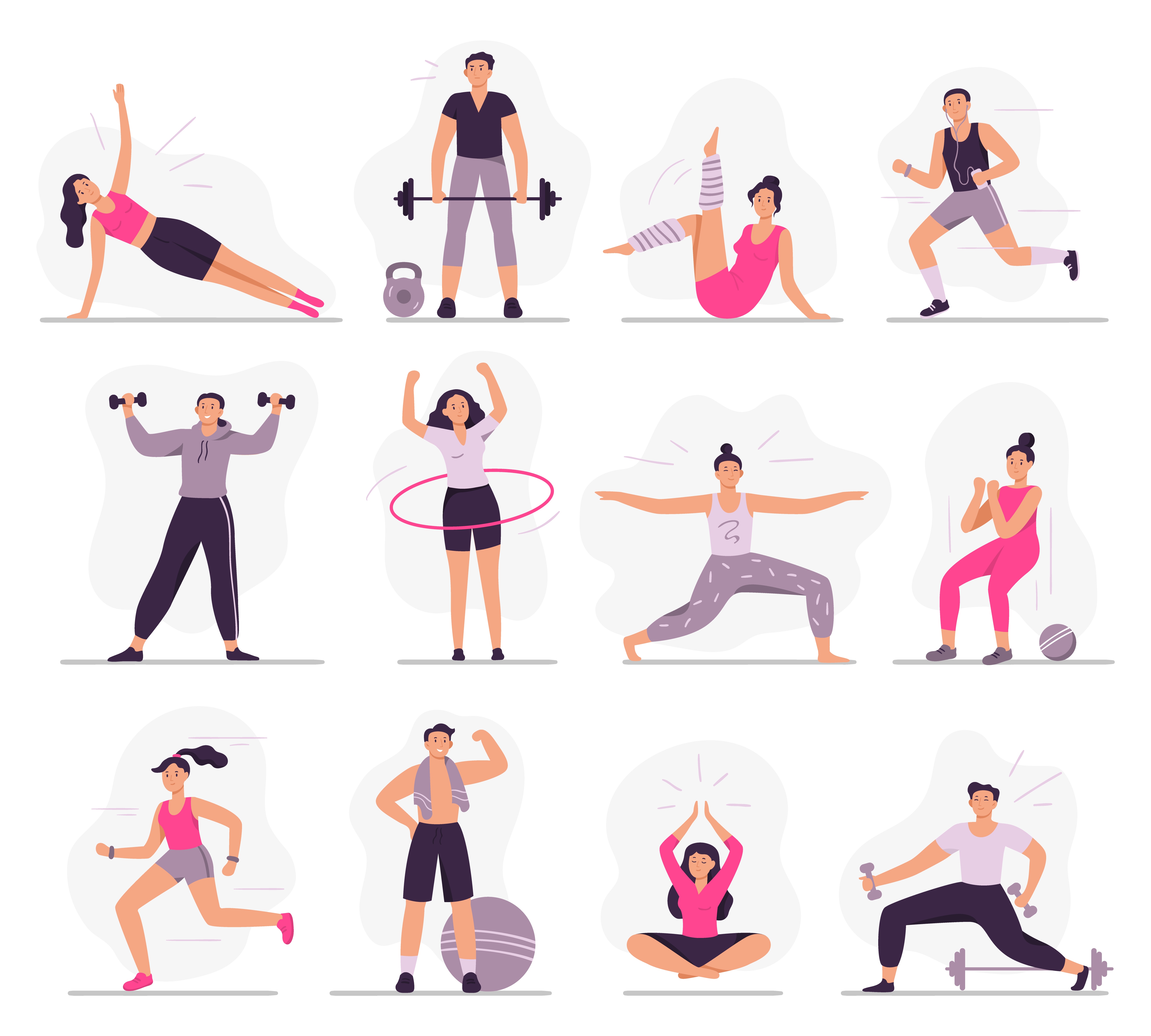 twelve small cartoons of various people doing different types of physical exercise, all of them wearing shades of gray, black, white, and pink