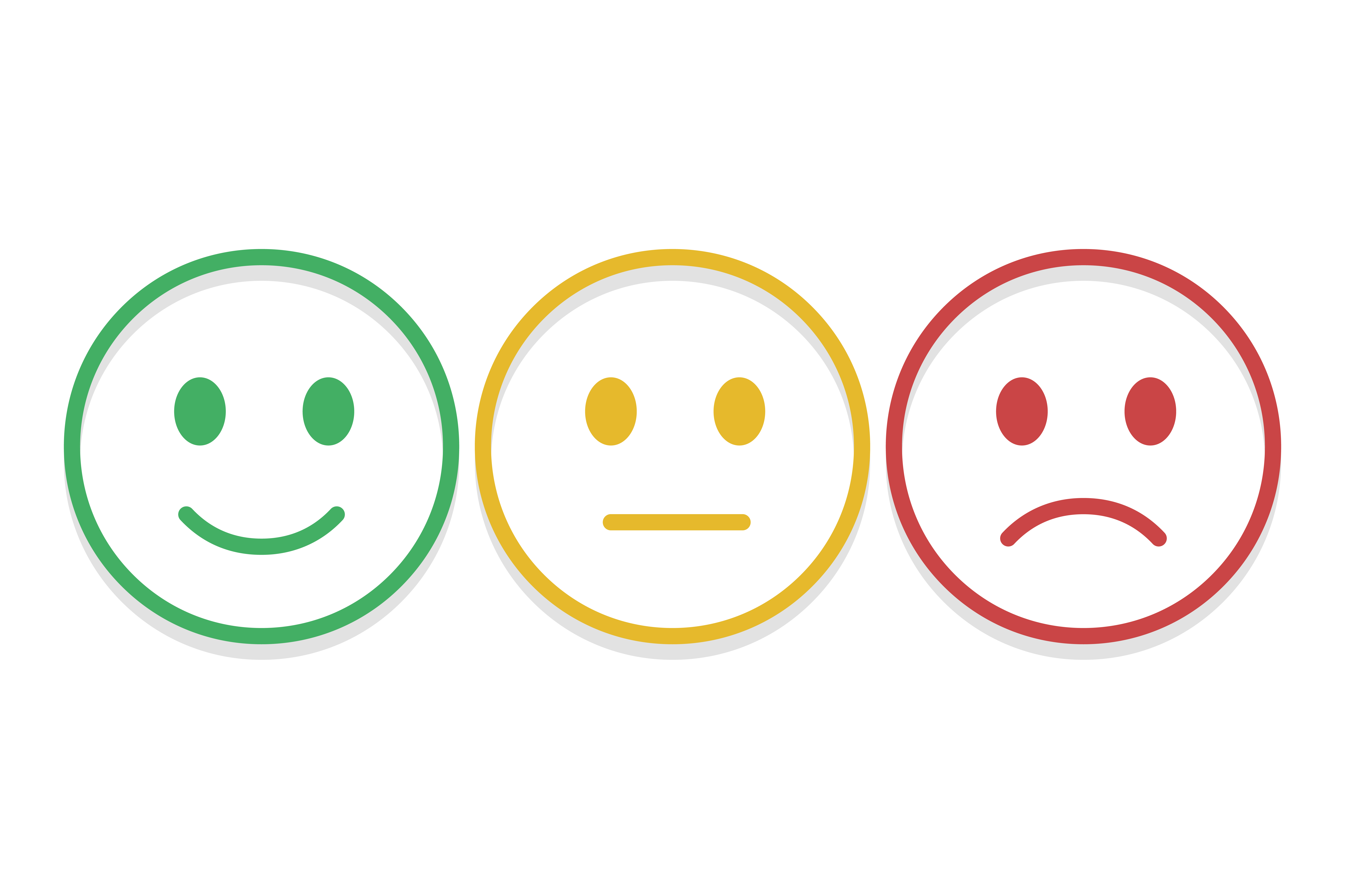 three simple circle faces in a horizontal row: a green smiley face, a yellow neutral face, and a red frowny face
