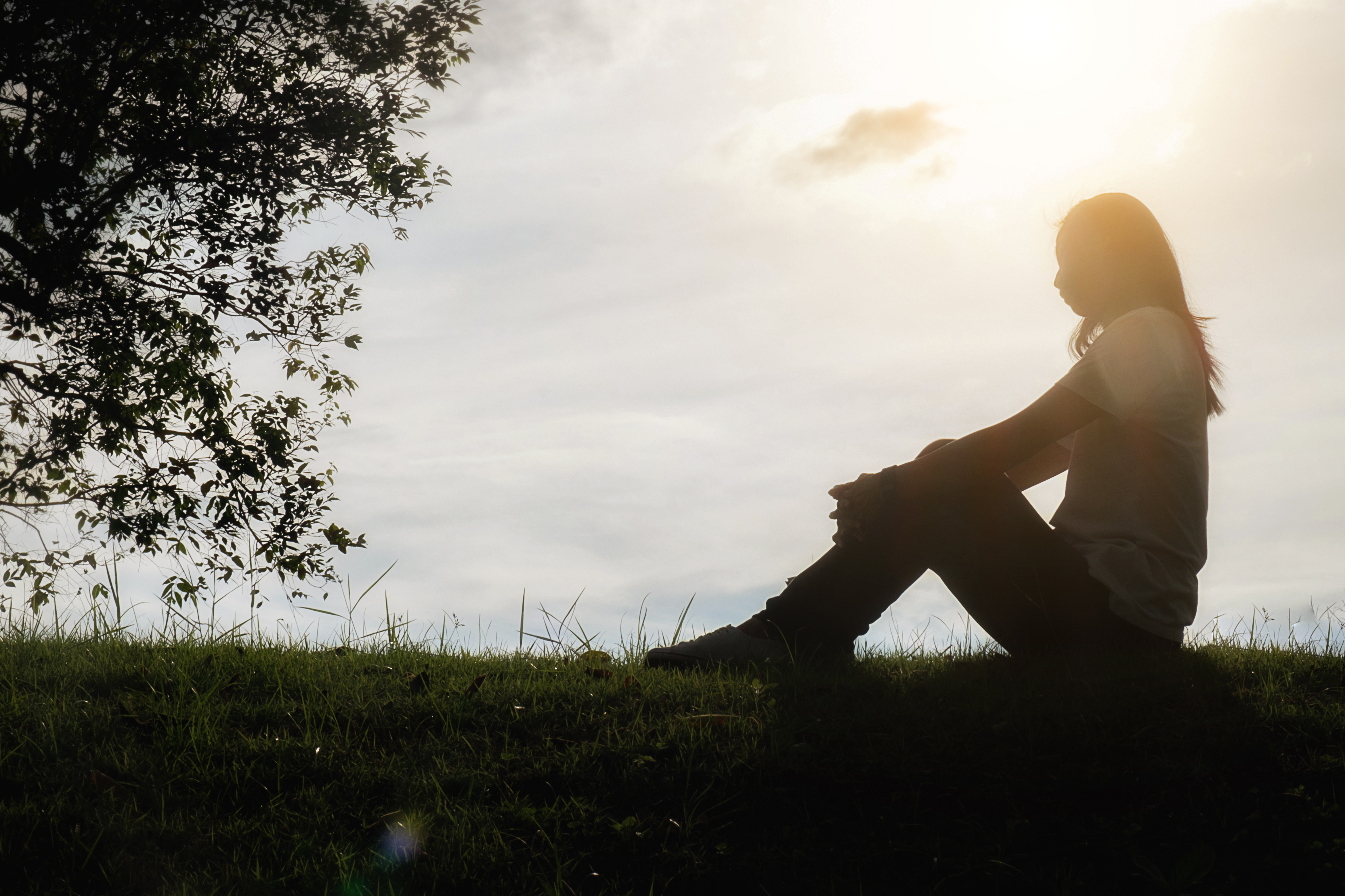 a woman sitting on the grass near a tree holding her knees, she is seen from the side with the sun behind her, so only her silhouette is visible