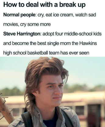 An image of Steve Harrington from Stranger Things. Words say How to deal with a break up. Normal people: cry, eat ice cream, watch sad movies, cry some more. Steve Harrington: adopt four middle-school kids and become the best single mom the Hawkins high school basketball team has ever seen.
