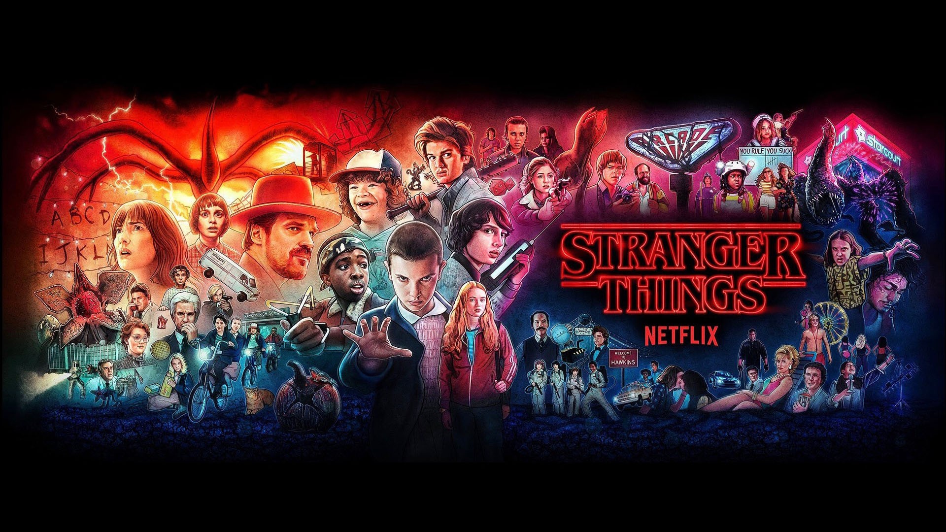 A large image with dozens of characters of varying sizes and doing different things, a few monsters, and the words Stranger Things Netflix.