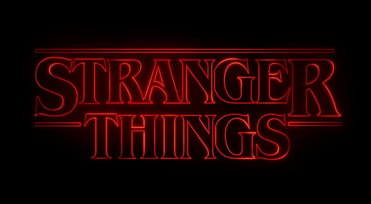 The words Stranger Things is shown in outlined neon red color over a black background.