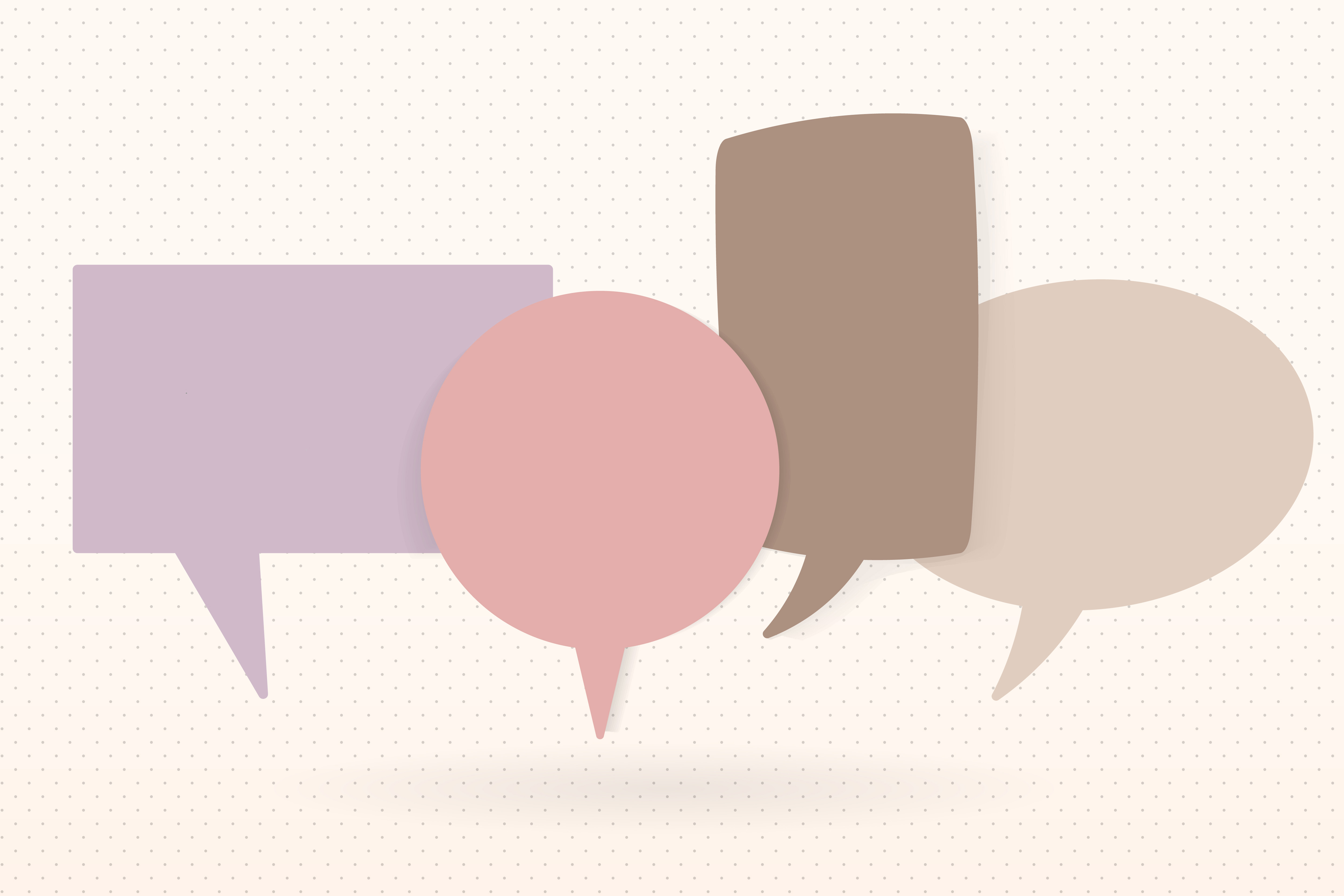 four speech bubbles in a variety of shapes and in the colors purple, pink, brown, and tan, all over a white background with tiny pink polka dots