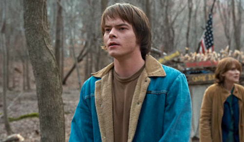 A teenage boy in a blue jacket and brown shirt stands outside in the woods calling for someone.