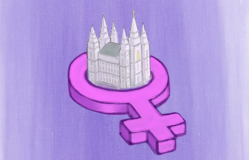 illustration of the LDS Salt Lake City Temple sitting in the circle portion of a 3-dimensional female symbol