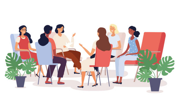 cartoon graphic of 6 women sitting in chairs and talking