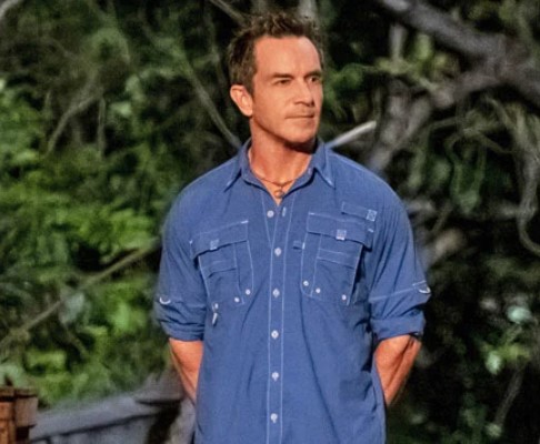 Jeff Probst looking serious at tribal council.