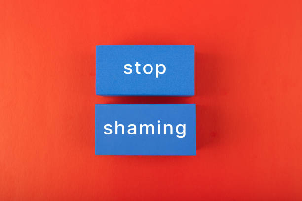 a red screen with two blue squares with the words stop shaming written on them.