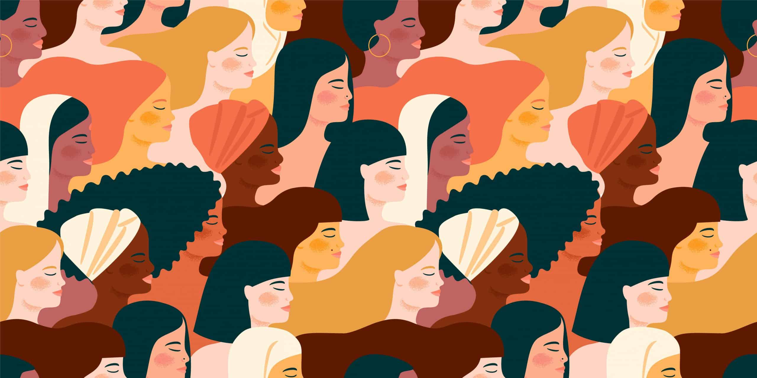 Cartoon depicting women from a diversity of backgrounds patterned like a tessellation.