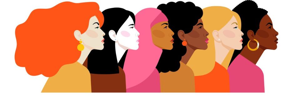 cartoon of ethnically diverse women's heads lined up. they are all facing to the right of the screen.