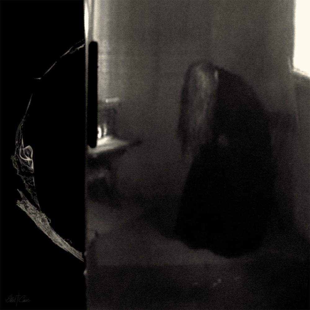 Album Cover art of Perverts, black and white, from left to right a fourth of the image is a black background with a fourth of a white smoky circle, cut off with an image of a woman sitting on a chair in a black dress leaned over with her hair covering her face