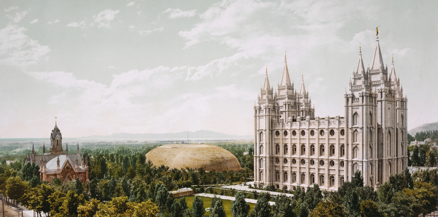 An aerial view of Temple Square in Salt Lake City that shows the Temple, Tabernacle, and Assembly Hall