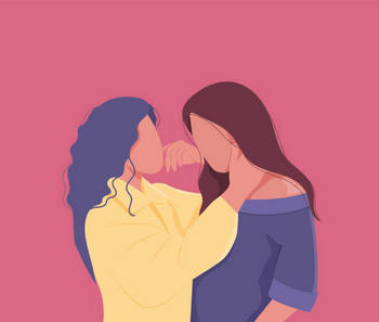 clipart of two women standing together. The woman on the left is reaching out with her hand caressing the back of the other woman's neck