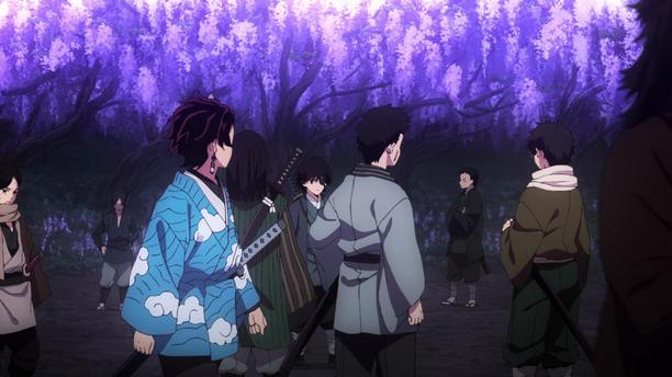 A group of young men and women, each with a katana at their hip, standing in a forest of trees with glowing purple flowers extending from the branches.