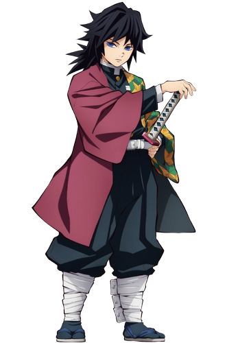 A young man with medium length, messy black hair tied into a low ponytail, wearing a haori with two different patterns on each side, and holding the katana's hilt on his left hip.