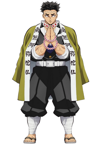 A very tall muscular man with short, spiky black hair, a horizontal scar across his forhead, and white eyes from blindness, with a serious expression and hands in prayer with prayer beads wrapped around them, wearing a green haori with religious kanji patterns along the edges over top of his demon slayer uniform.