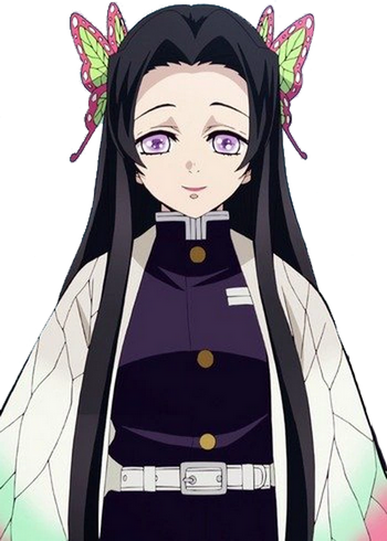 A beautiful young woman with long, flowing black hair and large pale violet eyes, wearing the demon slayer uniform with a butterfly-patterned haori over top, accented by two pink and green butterfly hairpins on either side of her head.