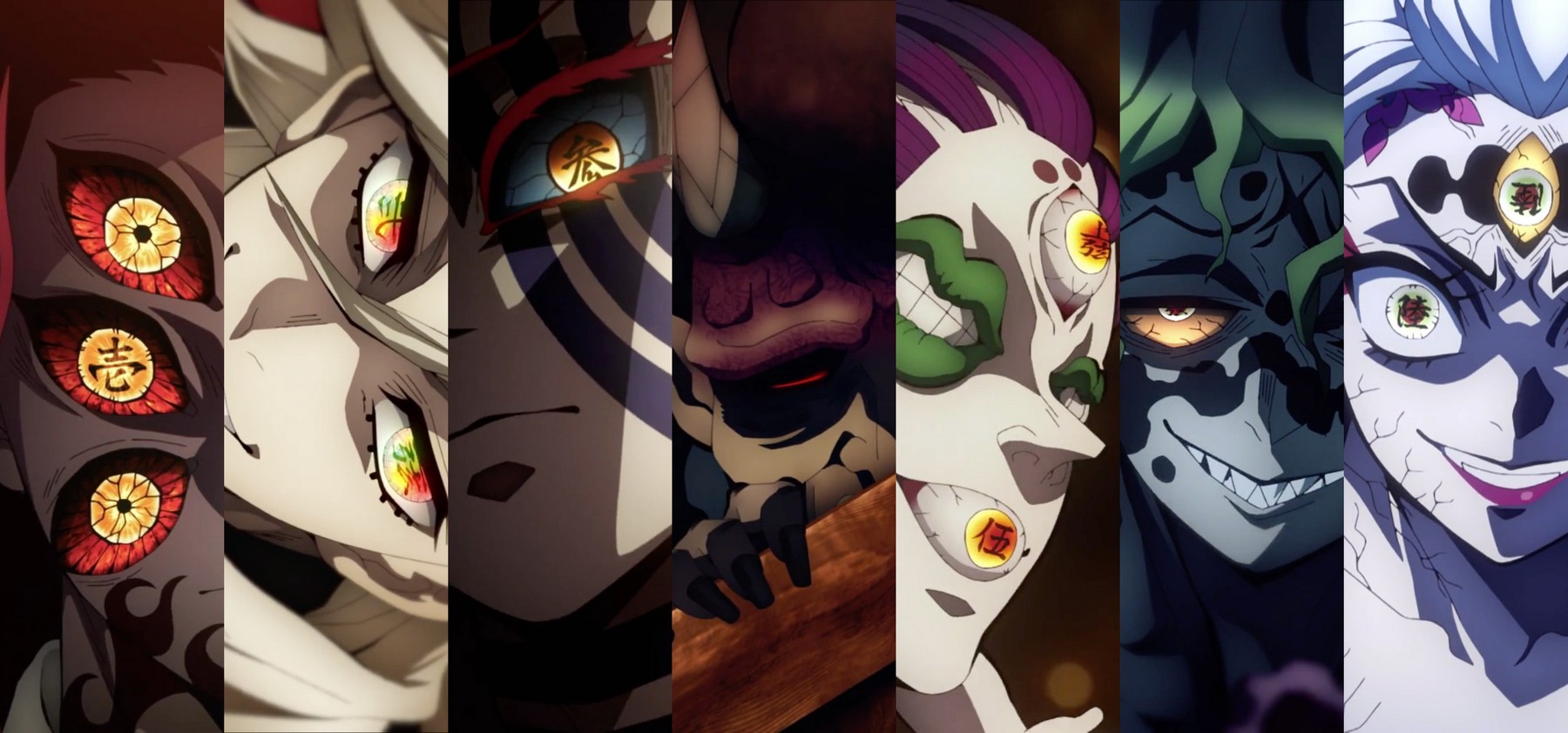 A collage of the 6 Upper Rank demons, shown as vertical slivers of close-up images of each side-by-side, starting with Upper Rank 1 on the left and going through to Upper Rank 6 on the right.