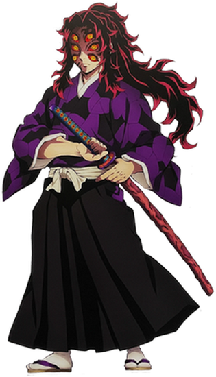 A tall, muscular man with pale skin, long spiky black hair with red tips tied in a ponytail, three sets of eyes on his face, with the middle set displaying the kanji for Upper Rank One on his left eye, wearing a purple and black patterned kimono with a fleshy katana that also has eyes on its hilt and scabbard.