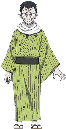 A pale man of average stature, with three large cross-shaped scars cut into his cheeks and center of his forehead, and elf-like pointed ears. He wears a dotted, bamboo-colored yukata with a pinstripe pattern.